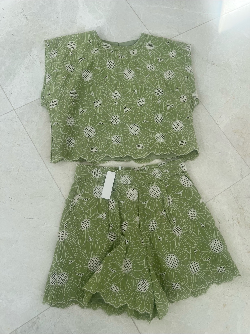 glam Green Floral Eyelet Crop Top & Skirt Set